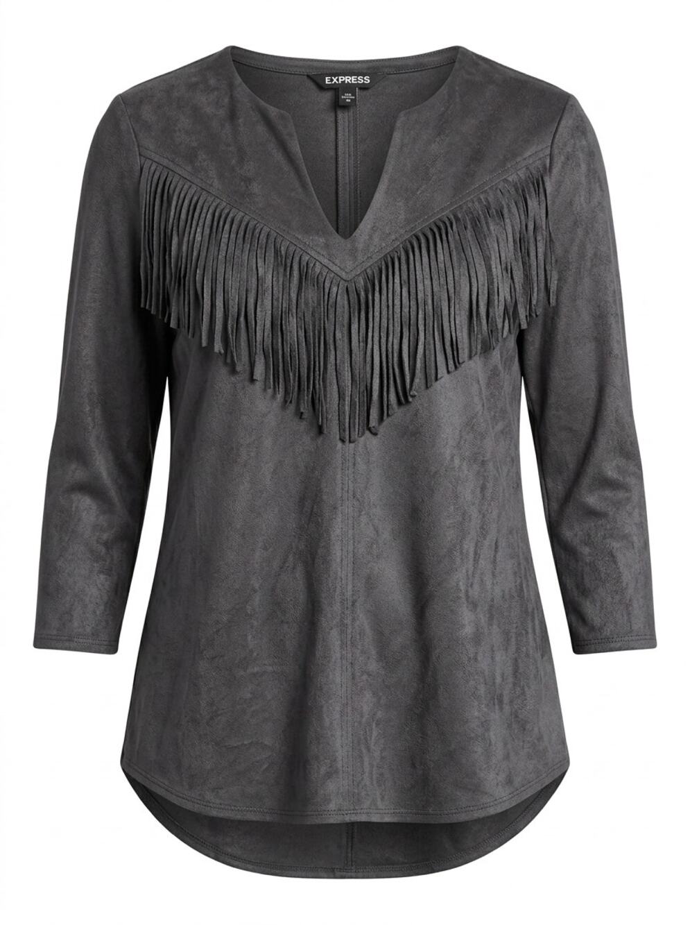 Express Gray Faux Suede Fringe V-Neck 3/4 Sleeve Top Women Size XS